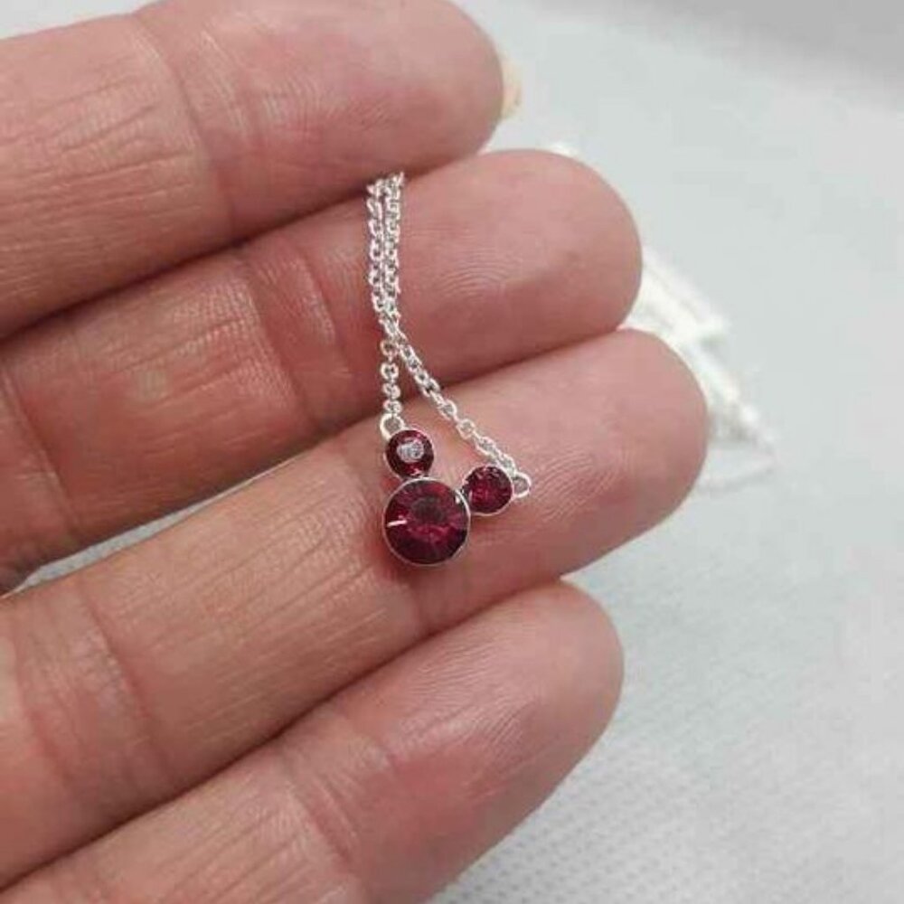 MICKEY MOUSE RUBY RED CRYSTAL SILVER PLATE CHAIN NECKLACE NWT JEWELRY